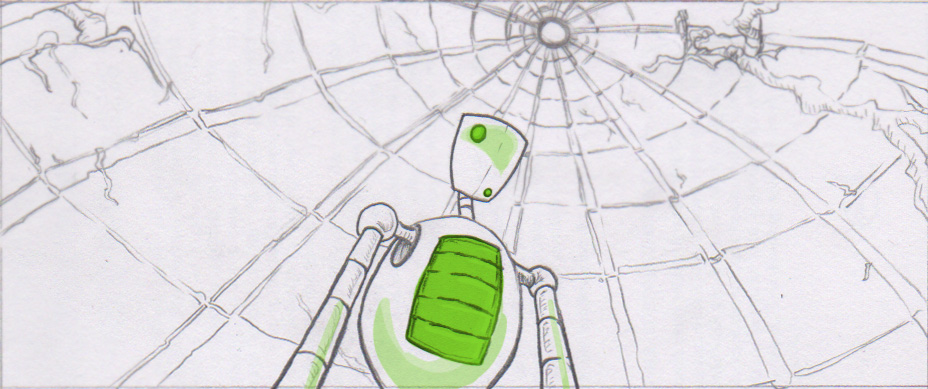 Storyboard panel showing low camera looking up at green and white robot beneath a domed roof.