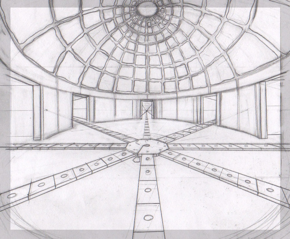 pencil sketch layout of a large domed interior, several pathways lead from many doors to a central dais.
