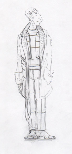 pencil sketch of large nosed, sideburn and fuzzy house robe wearing man with big feet.