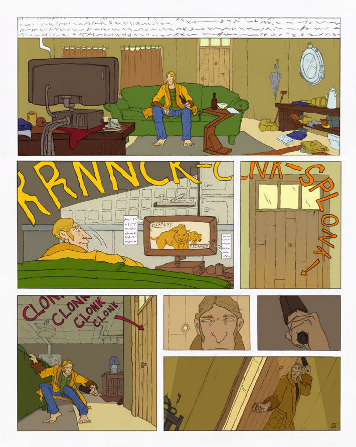 comic book page showing a sequence where man watching a newscast about an escaped lion hears a sound at the door.  He prepares to attack the intruder.