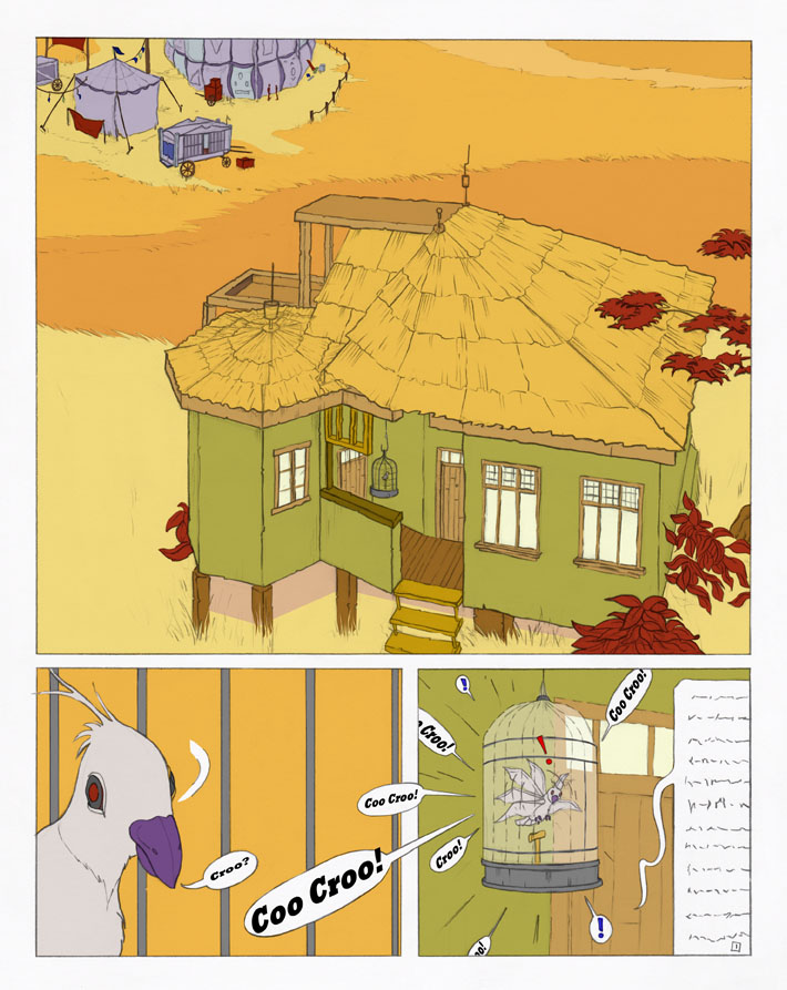 Comic book page showing an exterior of a house with a circus in the background, then a close up of a stressed pigeon