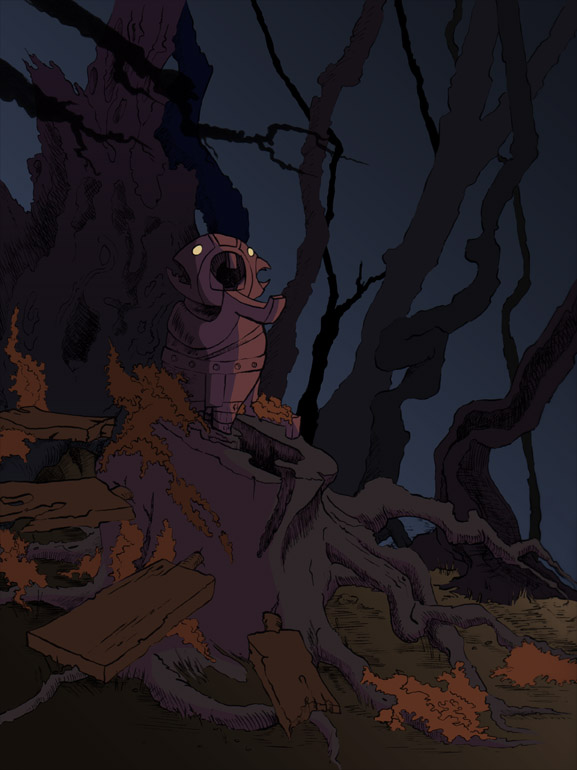 pen and ink illustration with digital color showing a nighttime scene of a creepy wood idol on a stump in the woods