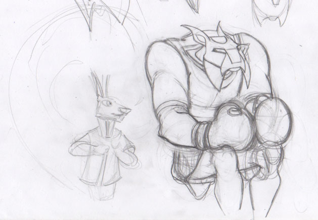 pencil sketch showing hulking bobcat in boxing gear next to a cocky squirrel