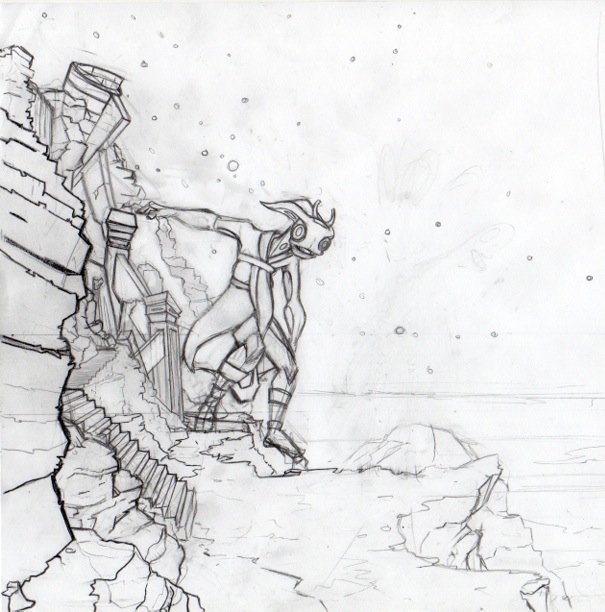 rough draft pencil illustration of female fantasy creature in mountain landscape set at twilight