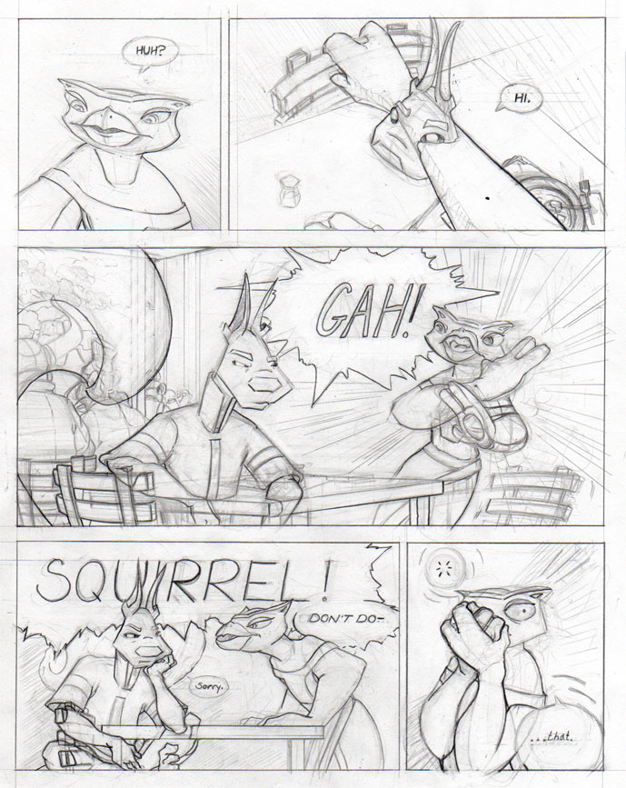 early pencil layouts for a comic book page, scene shows owl character waiting for someone as an outdoor cafe