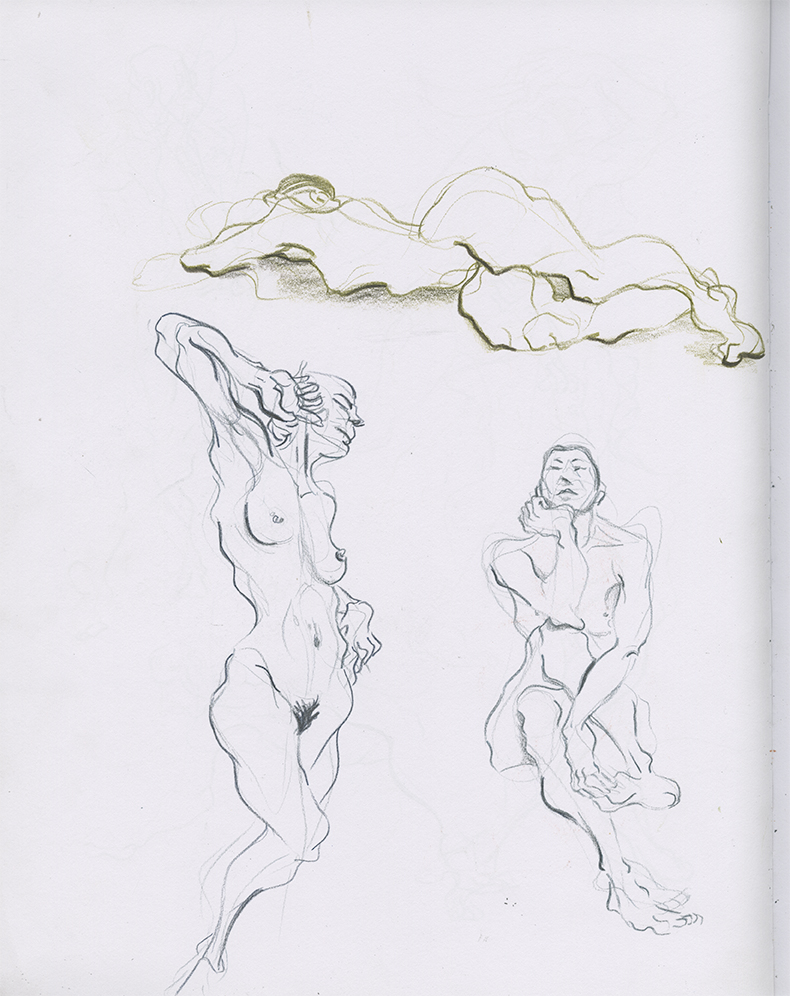 Sketchbook page showing three color pencil illustrations of a nude woman sitting, standing, and lying down.