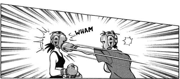 Comic panel showing one boxer whamming another from Katsu by Mitsuru Adachi