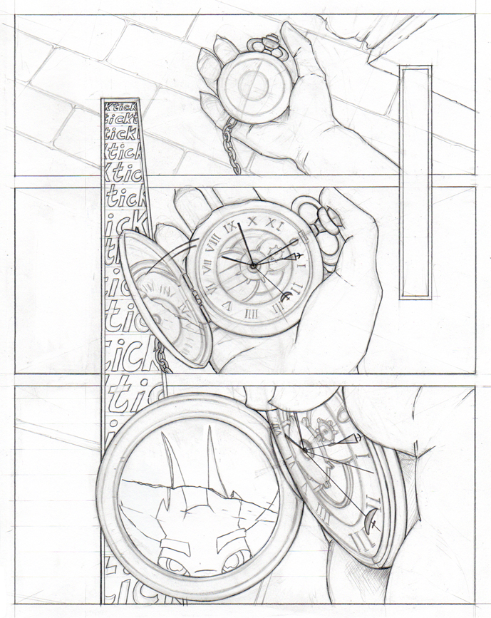 pencil layout version of a comic book page featuring Squirrel character looking at clock and mirror