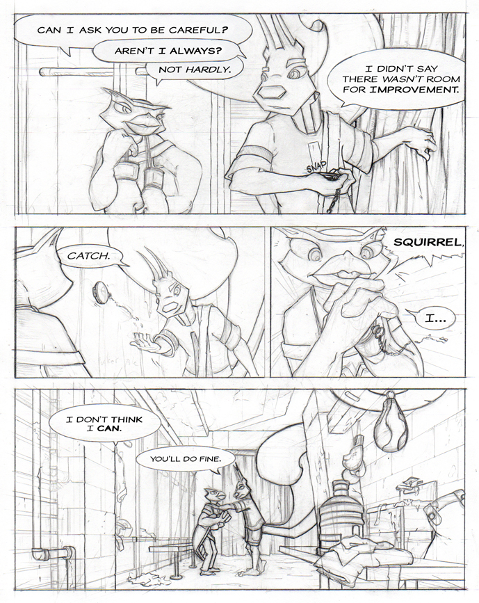 Comic Page in Pencil Layout Stage Showing Dialogue Between an Owl and a Squirrel
