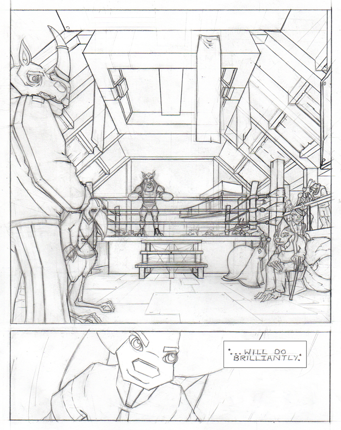 Comic book pencil layouts showing wide shot of boxing ring filled with animal creatures and a close up of a cocky squirrel.