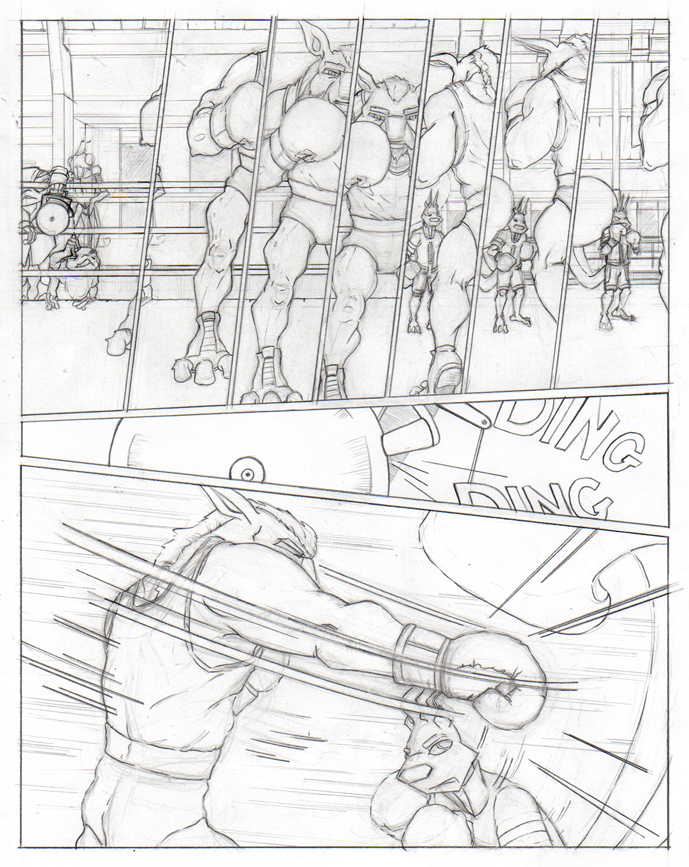 Comic book page showing slow motion entry of boxing bobcat followed by start of boxing match.