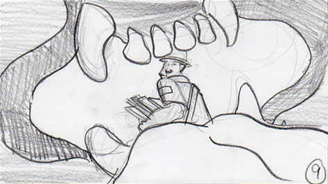Rough storyboard panel: camera view from  dog's mouth, mailman