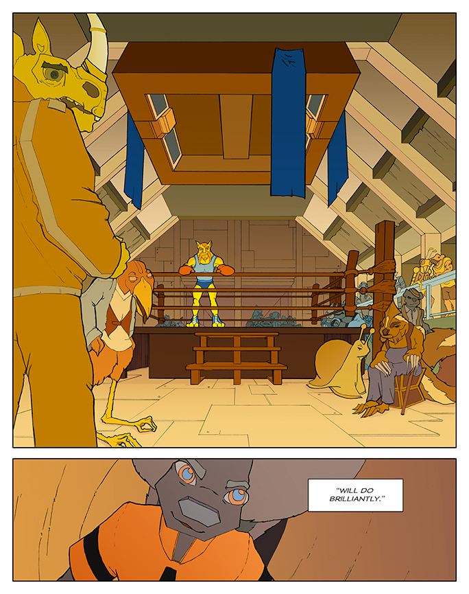 Clean line, full color comic book page. Page features a wide view of an animal inhabited boxing ring. Second panel shows a close-up of a cocky squirrel.