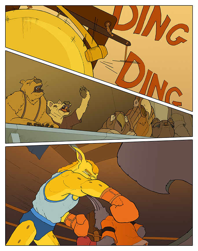 Clean line, full color comic book page featuring a ringing boxing bell, a cheering animal audience, and a bobcat taking a swing at a squirrel.