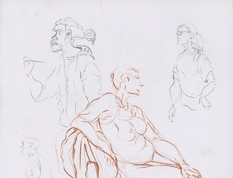 Sketchbook page featuring drawings of art students and a woman in a chair.