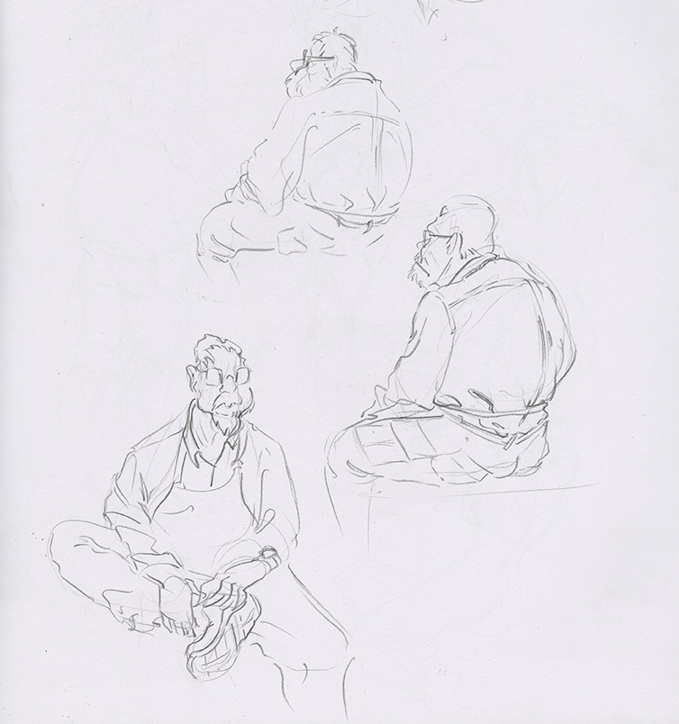 Sketchbook page featuring drawings of an art teacher in three sitting poses.