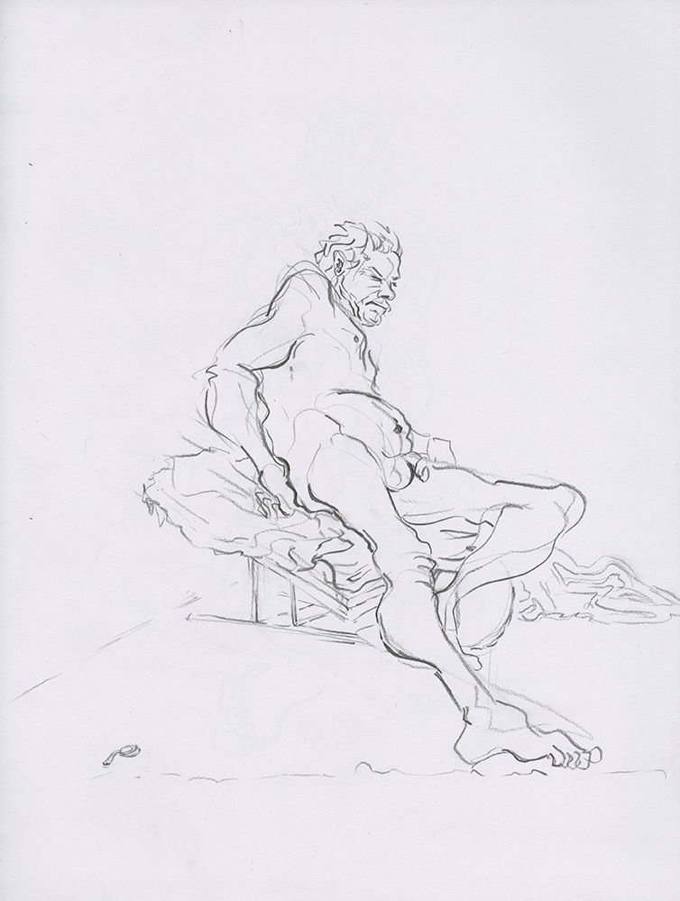 Drawing featuring long pose illustration of a nude man reclining on a board.