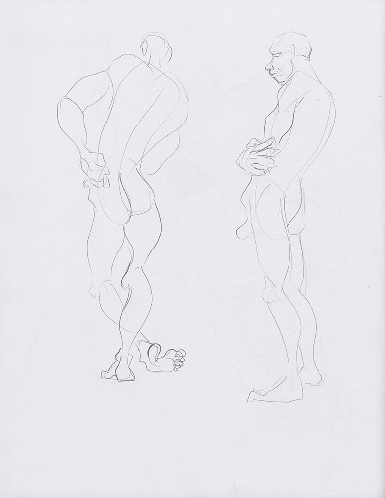 Sketchbook page featuring two 10 minute gesture drawings of a tall nude man.