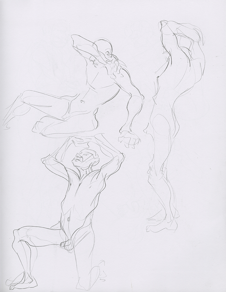 Sketchbook page featuring 5 minute gesture drawings of a tall nude man in three positions.