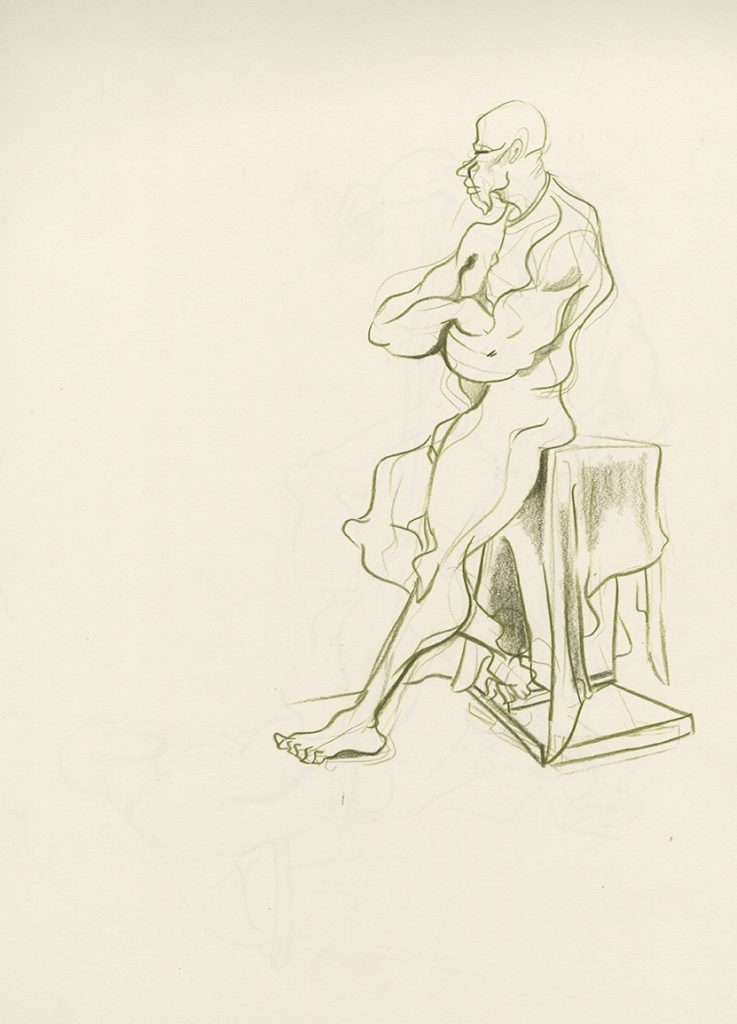 Long pose illustration featuring buff man with crossed arms.