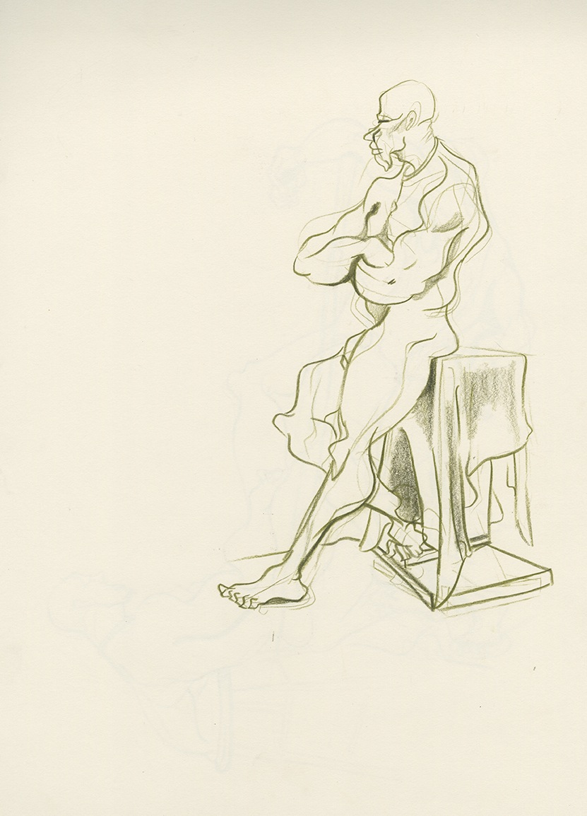 long pose illustration featuring buff man with crossed arms