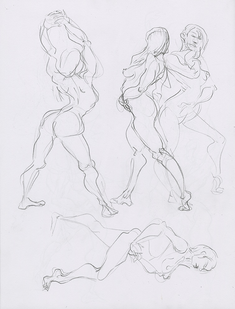 Sketchbook page of gesture drawings of a pretty nude female dancer.