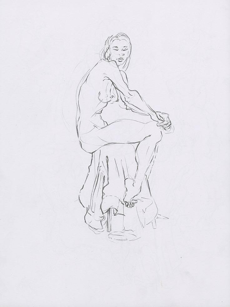 Long pose illustration of a pretty female dancer sitting on a stool.