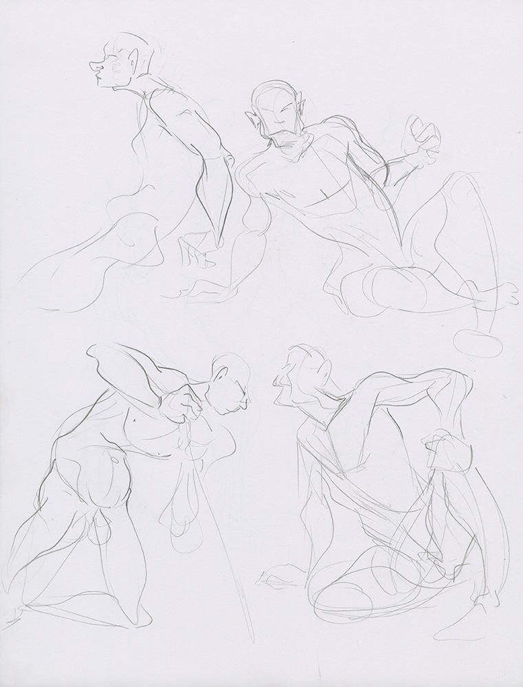 sketchbook page showing four gestures of a tall man, all seated