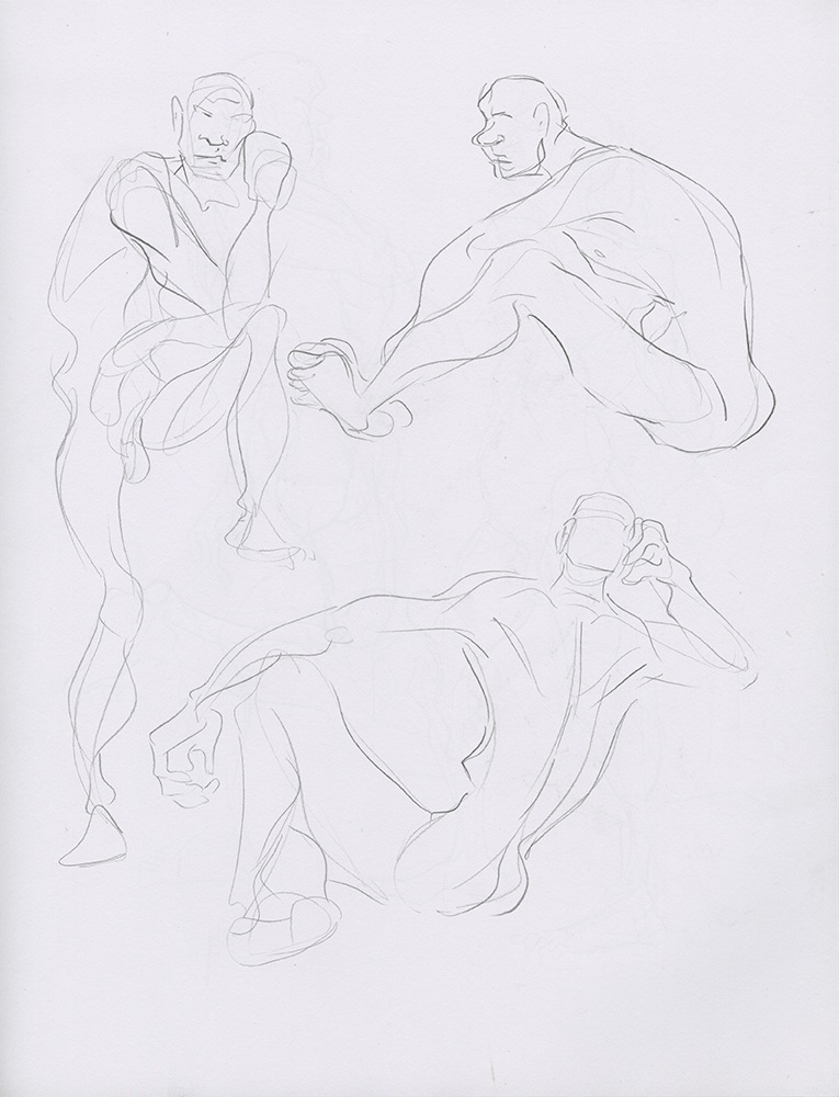 Sketchbook page showing three gesture drawings of a tall man.