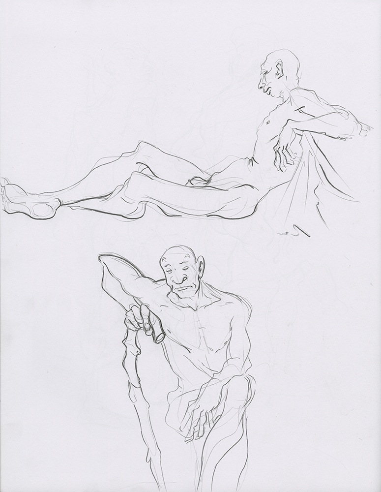 Sketchbook page featuring drawings a distinctive male artist model holding a cane and reclining.