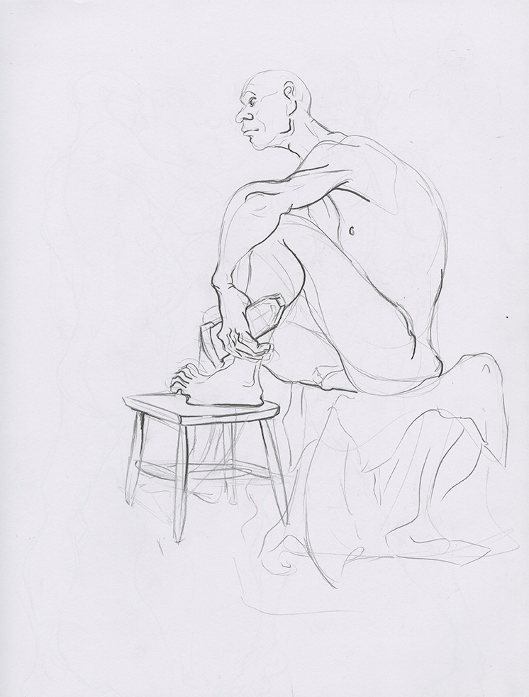 Sketchbook page featuring distinctive male artist model holding sword and scabbard and sitting on cloth covered stool