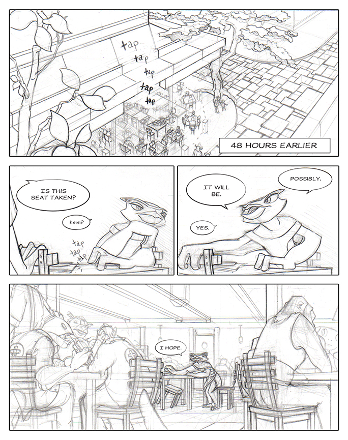 Comic book pencil layout featuring a wide view of a cafe. An impatient Owl waits for someone to show up.