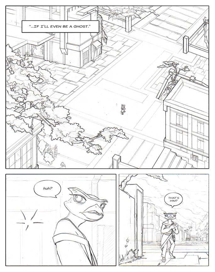 Comic book pencil layout showing Owl walking through a wide city landscape. An invisible Squirrel gets her attention and she looks to where he indicated.