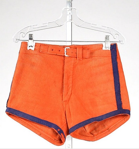 orange shorts with blue stripe