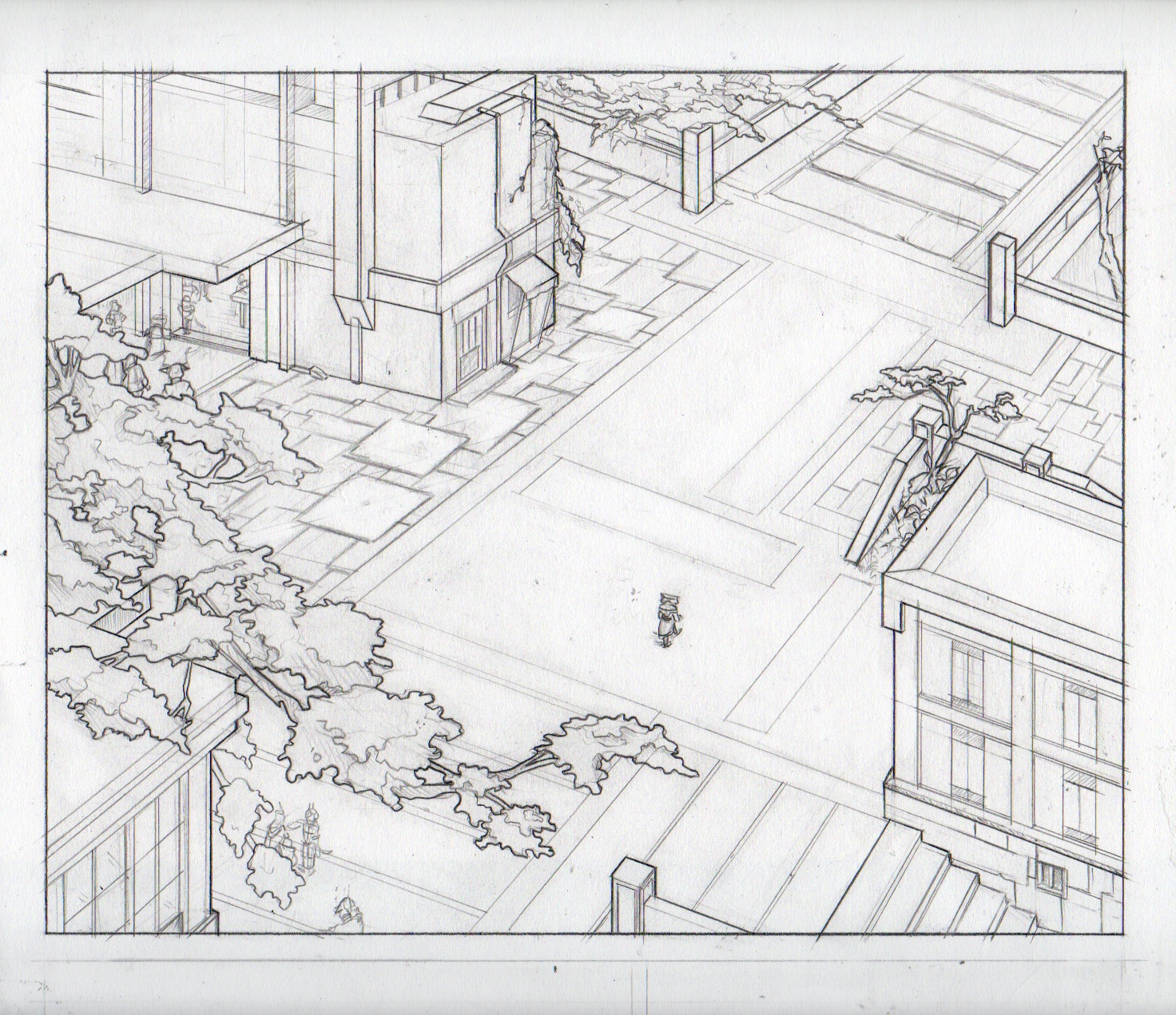 perspective pencil layout of a comic panel