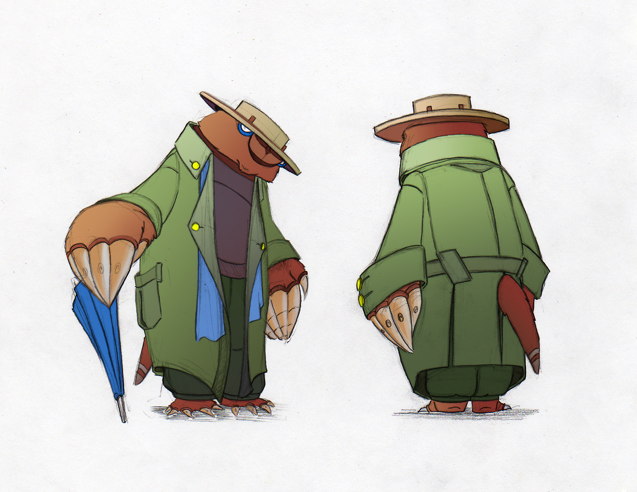 Pencil drawing of a shady mole character in panama hat and trench coat