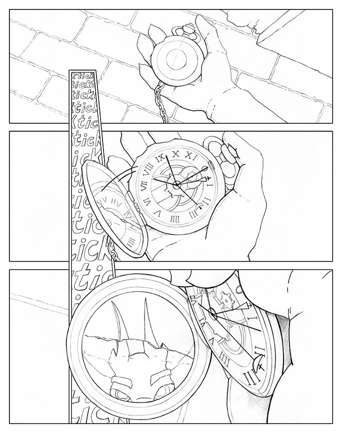 Clean line comic book page showing hand holding a watch and mirror.