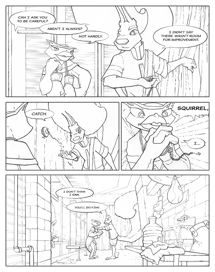 Clean line comic book page showing owl and squirrel talking in a locker room.