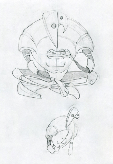 Pencil sketch of robot character design.  Robot kneeling and holding small rodent creature.