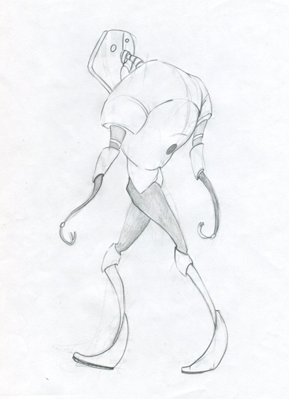 Pencil sketch of robot character design.   Robot shown walking.
