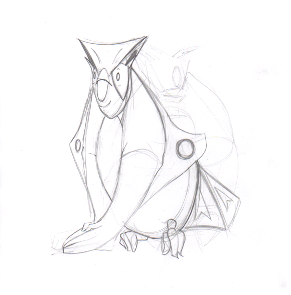 Pencil sketch showing character design for a cubby owl villain.