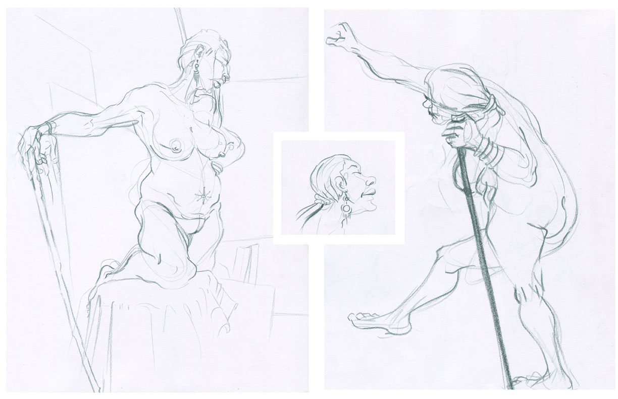 Sketchbook page featuring long pose illustrations of a large nude woman leaning on a cane. Also shows portrait insert.