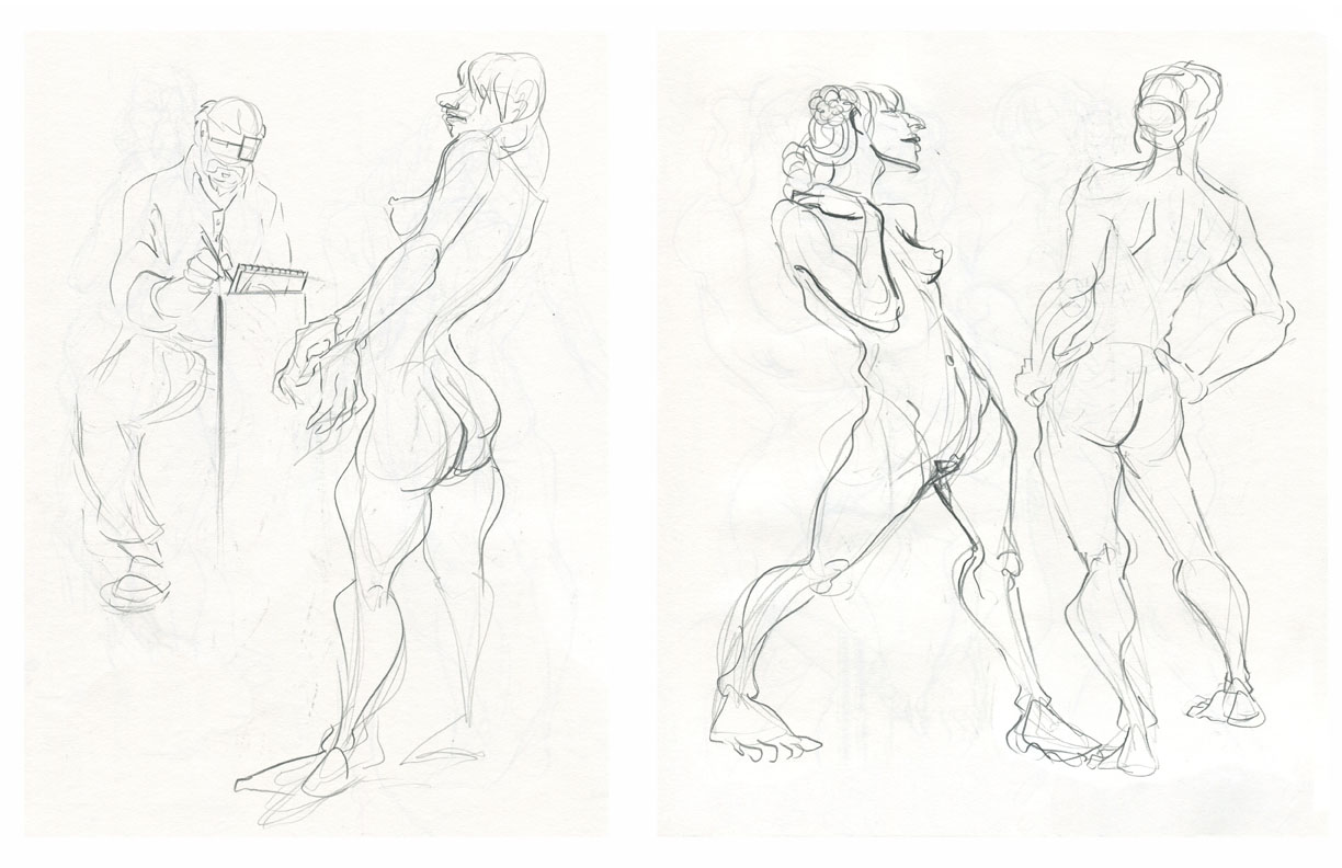 Sketchbook pages showing nude woman with flower in her hair, male artist drawing said woman.