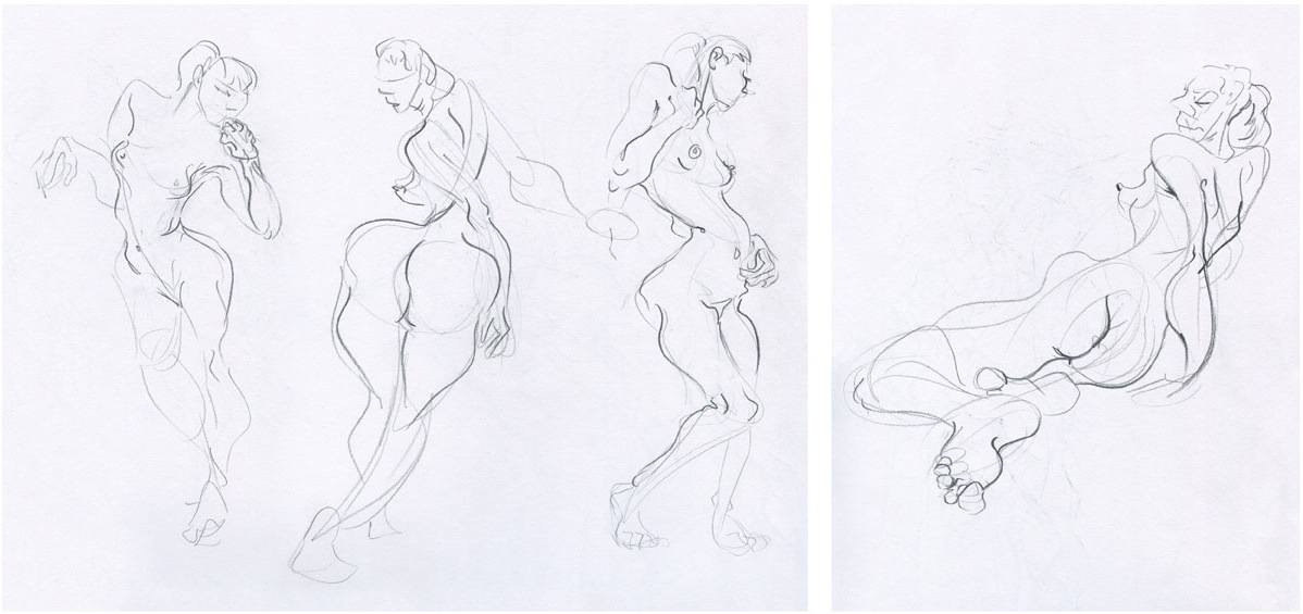 Sketchbook spread showing four gesture drawings of a nude woman with large butt.