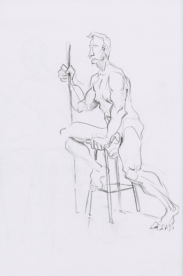 Sketchbook page featuring a nude man sitting on a stool and leaning on a bamboo stick.