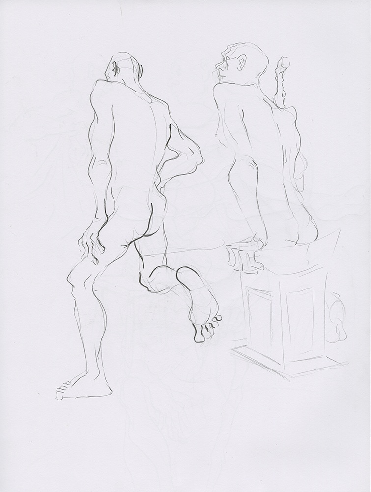 sketch book page featuring two gesture drawings of a tall man leaning on a stool