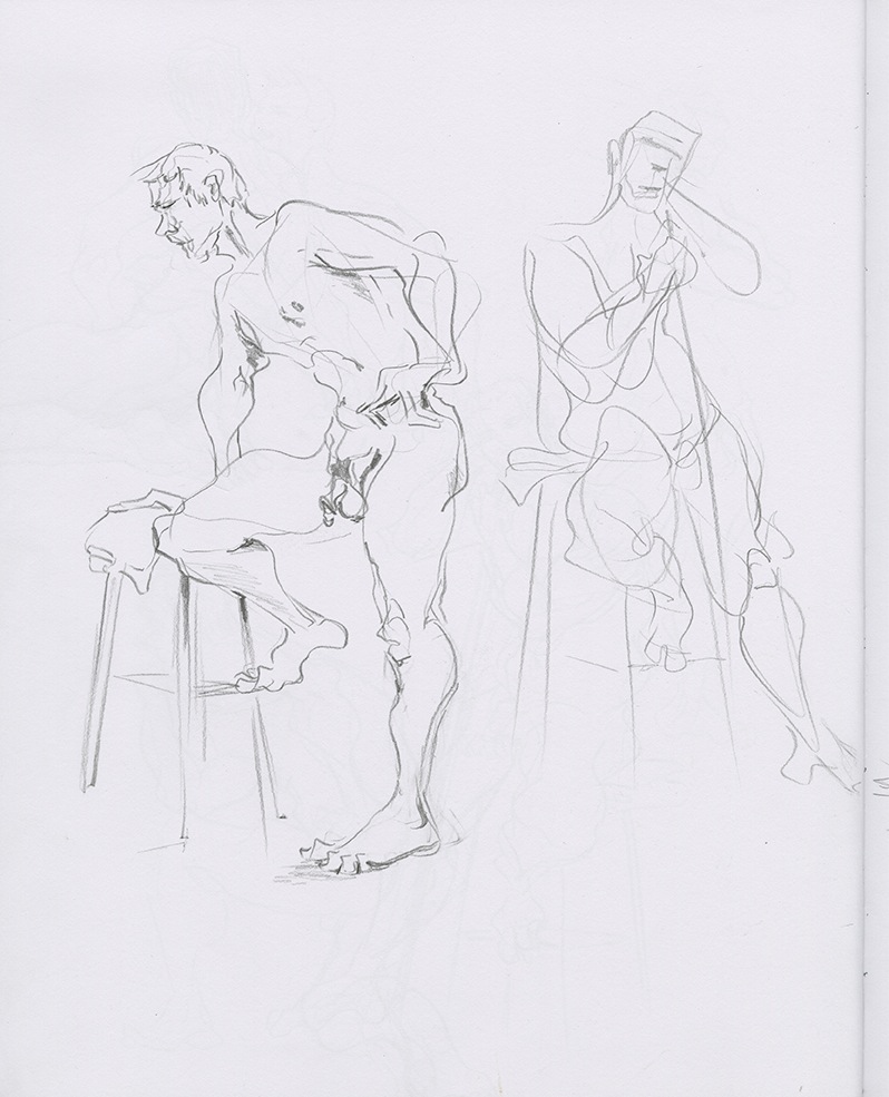 sketchbook page showing drawing of a conventionally handsome nude man leaning on an artist's stool