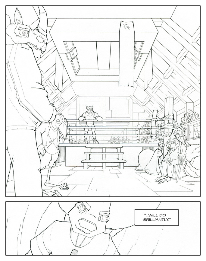 Clean line, black and white comic book page. Page features a wide view of an animal inhabited boxing ring. Second panel shows a close-up of a cocky squirrel.