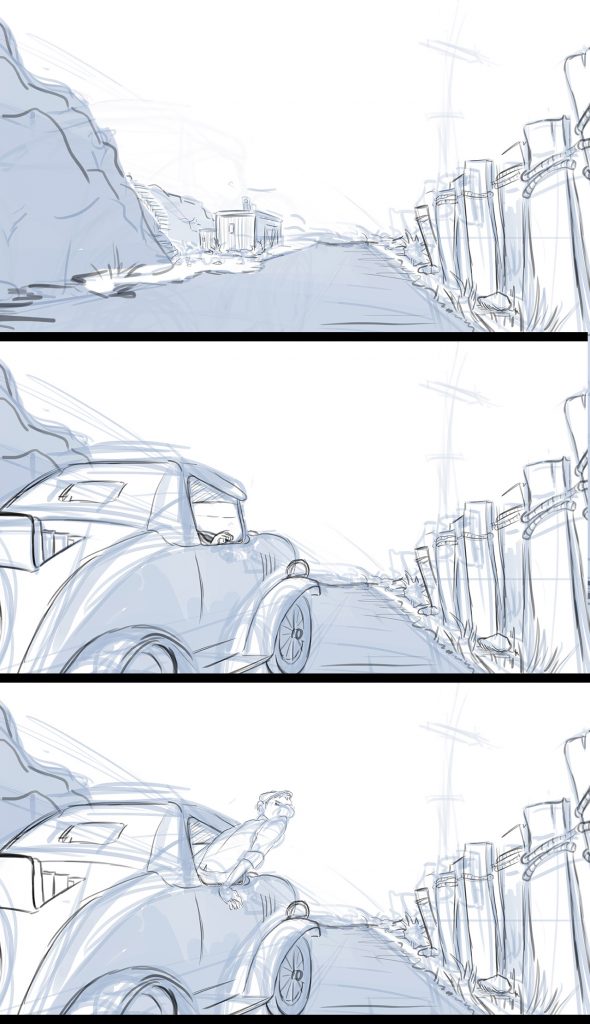 Storyboard sequence from an animated film. Sequence shows early 1920's car come to a sudden stop and a man pops out of the right window.