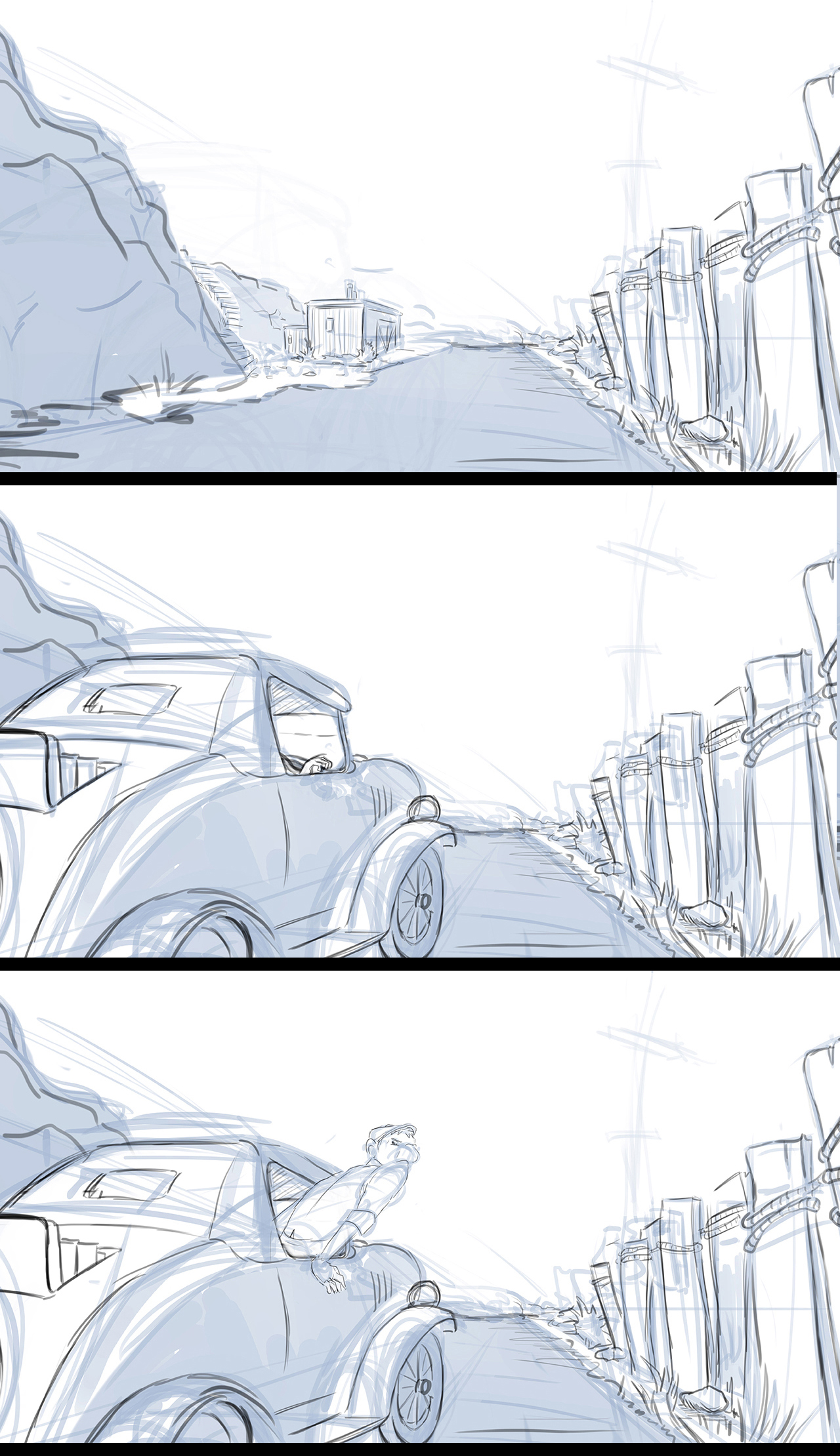 Storyboard sequence from an animated film. Sequence shows early 1920's car come to a sudden stop and a man pops out of the right window.